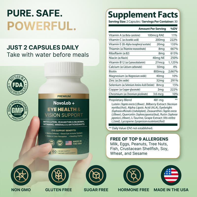 Novalab+ Eye Health & Vision Support – 30-Day Formula with Lutein, Zeaxanthin, Bilberry, Vitamins, Minerals & Antioxidants