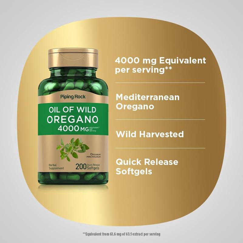 Oregano Oil Capsules 4000Mg, 200 Pills, Wild Harvested Herbal Extract Supplement for Immune Support, Non-Gmo, Gluten-Free for Overall Wellness