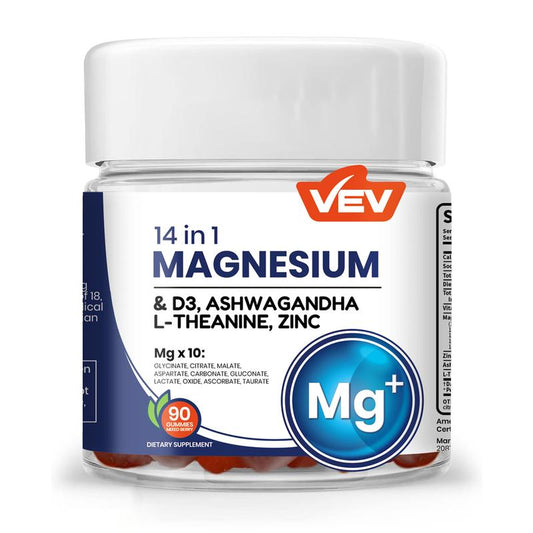 VEV Magnesium Ashwagandha Gummies-10 Magnesiumtypes + Zinc, L-Theanine & D3 |Sugar-Free, Cortisol Supportdietary Supplement (90 Count)